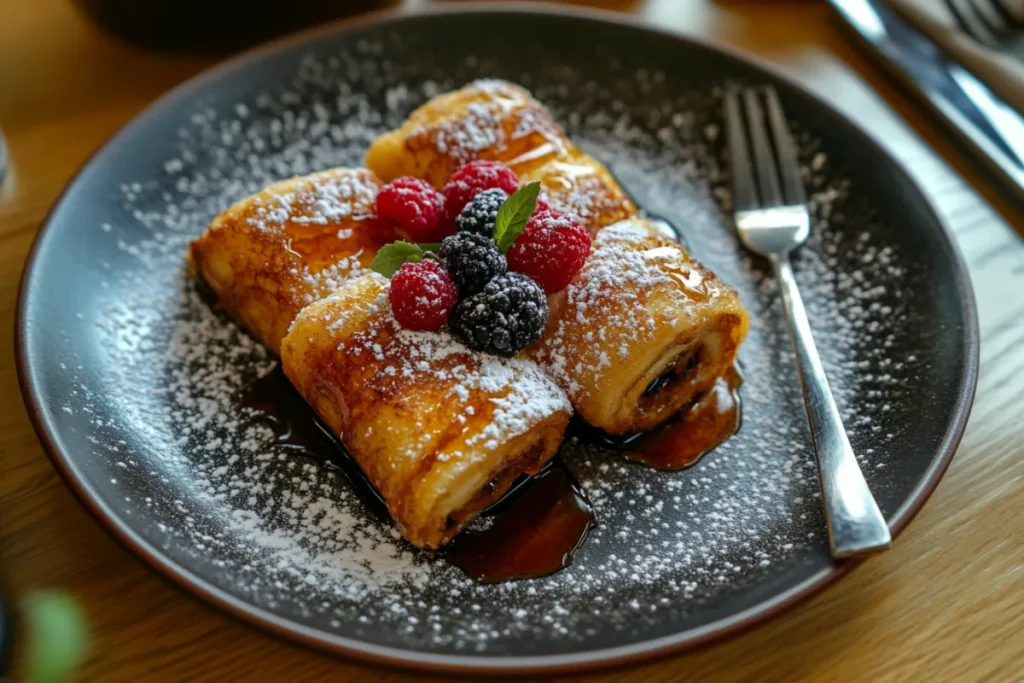 A delicious plate of French Toast Roll-Ups drizzled with maple syrup and garnished with fresh berries.