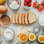 Fresh ingredients for making French Toast Roll-Ups, including bread, cream cheese, eggs, and milk.