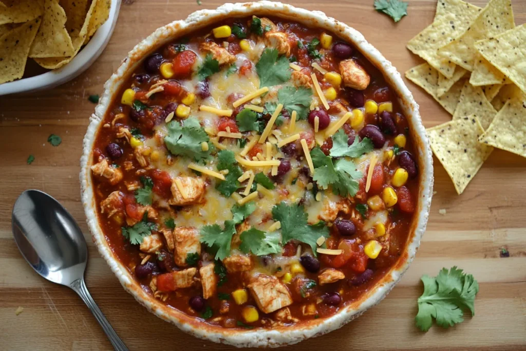 Hearty chicken chili recipe in a bowl with toppings and tortilla chips