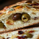 Freshly baked olive bread recipe with a golden crust and olives