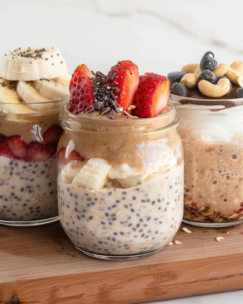 Three glass jars filled with creamy overnight oats layered with chia seeds, protein powder, yogurt, and topped with fresh fruits and nuts, and Strawberries