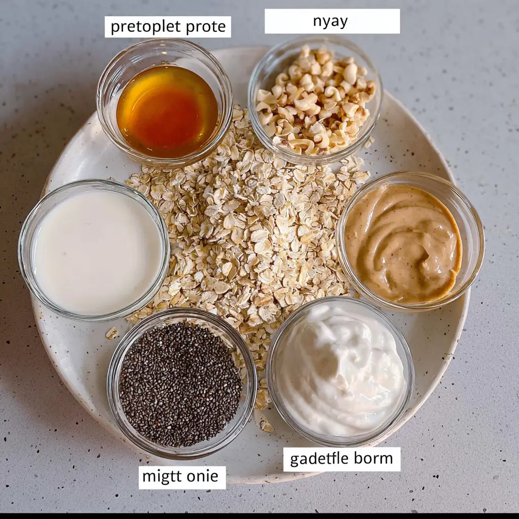 Ingredients for creamy overnight oats in small bowls on a plate.