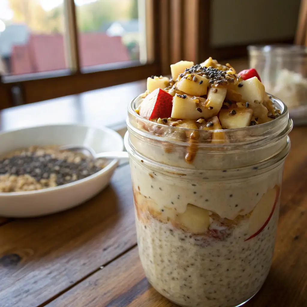 High protein vegan overnight oats in a mason jar topped with chopped apples, strawberries, chia seeds, and a drizzle of nut butter.