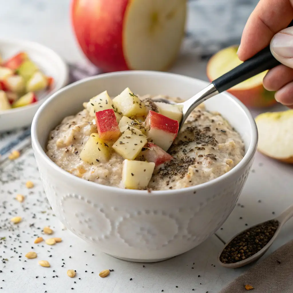 A bowl of high protein vegan overnight oats topped with diced red apples and chia seeds, with a spoon lifting a bite.