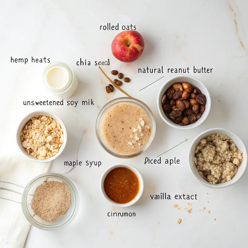 ngredients for high protein vegan overnight oats including rolled oats, soy milk, diced apple, natural peanut butter, chia seeds, and maple syrup.