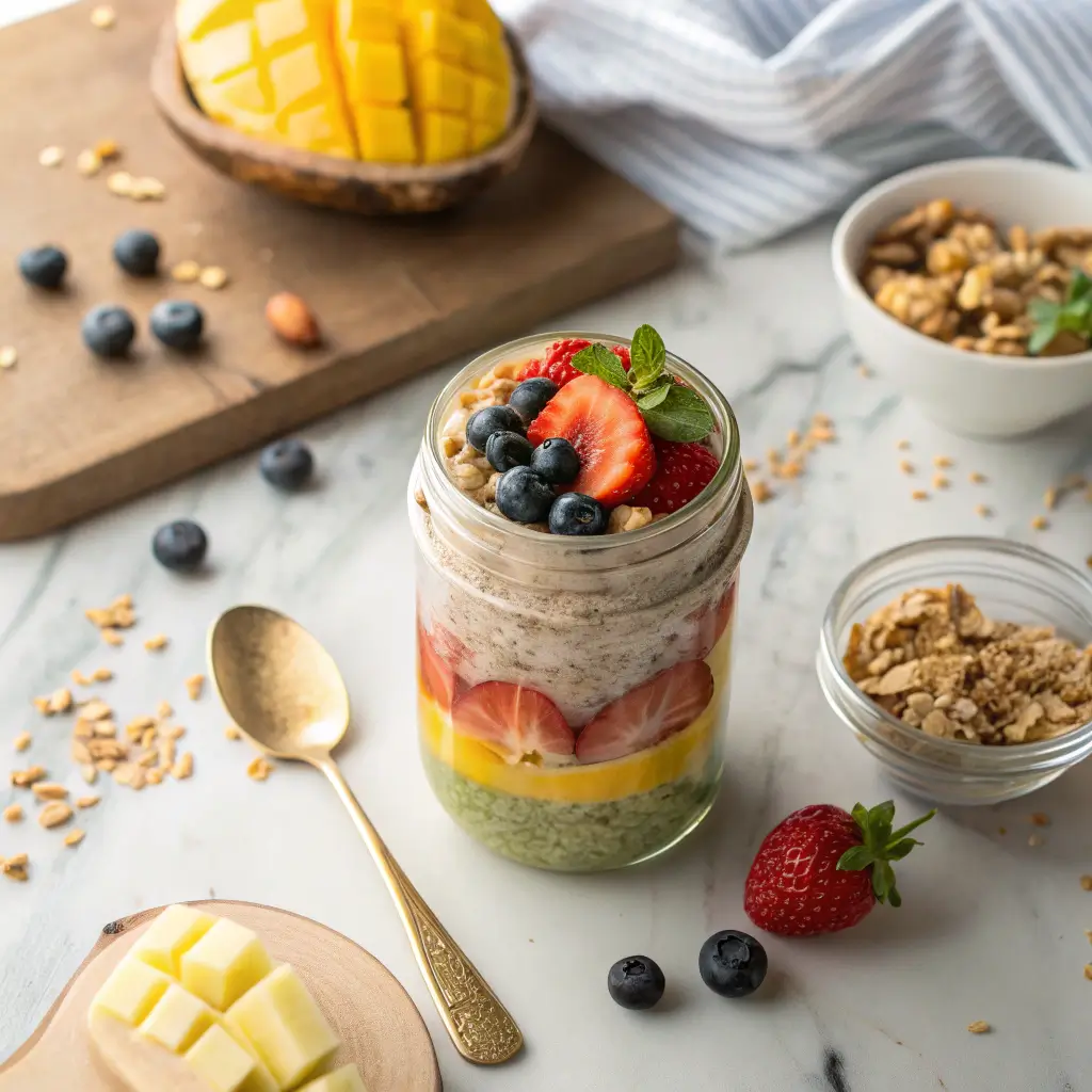 3 layer overnight oats jar with fruit and granola
