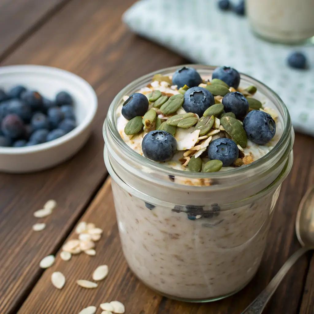 Adaptogenic overnight oats with berries and seeds
