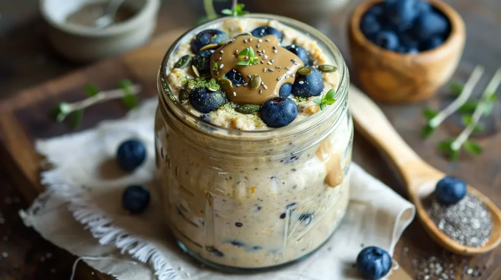 Adaptogenic overnight oats in a jar topped with blueberries, pumpkin seeds, and almond butter