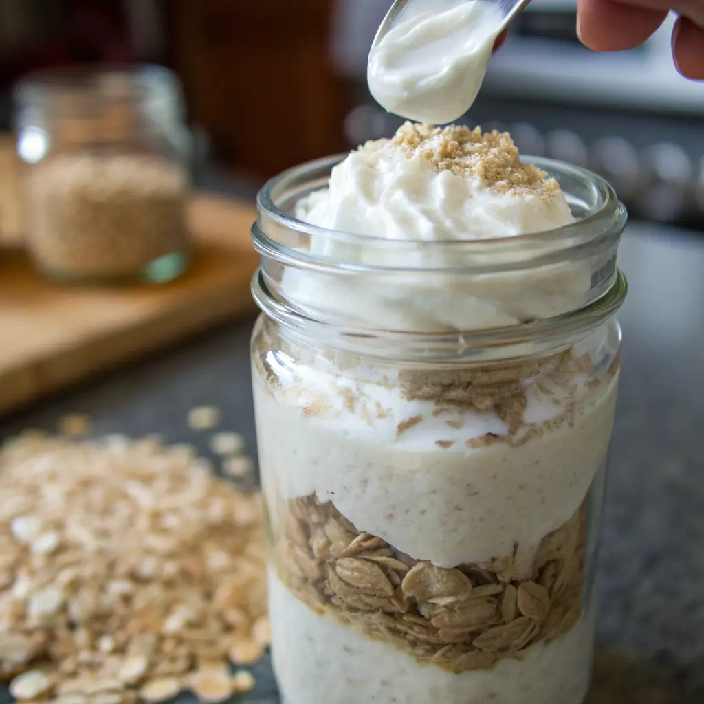assembling whipped foam overnight oats in a jar