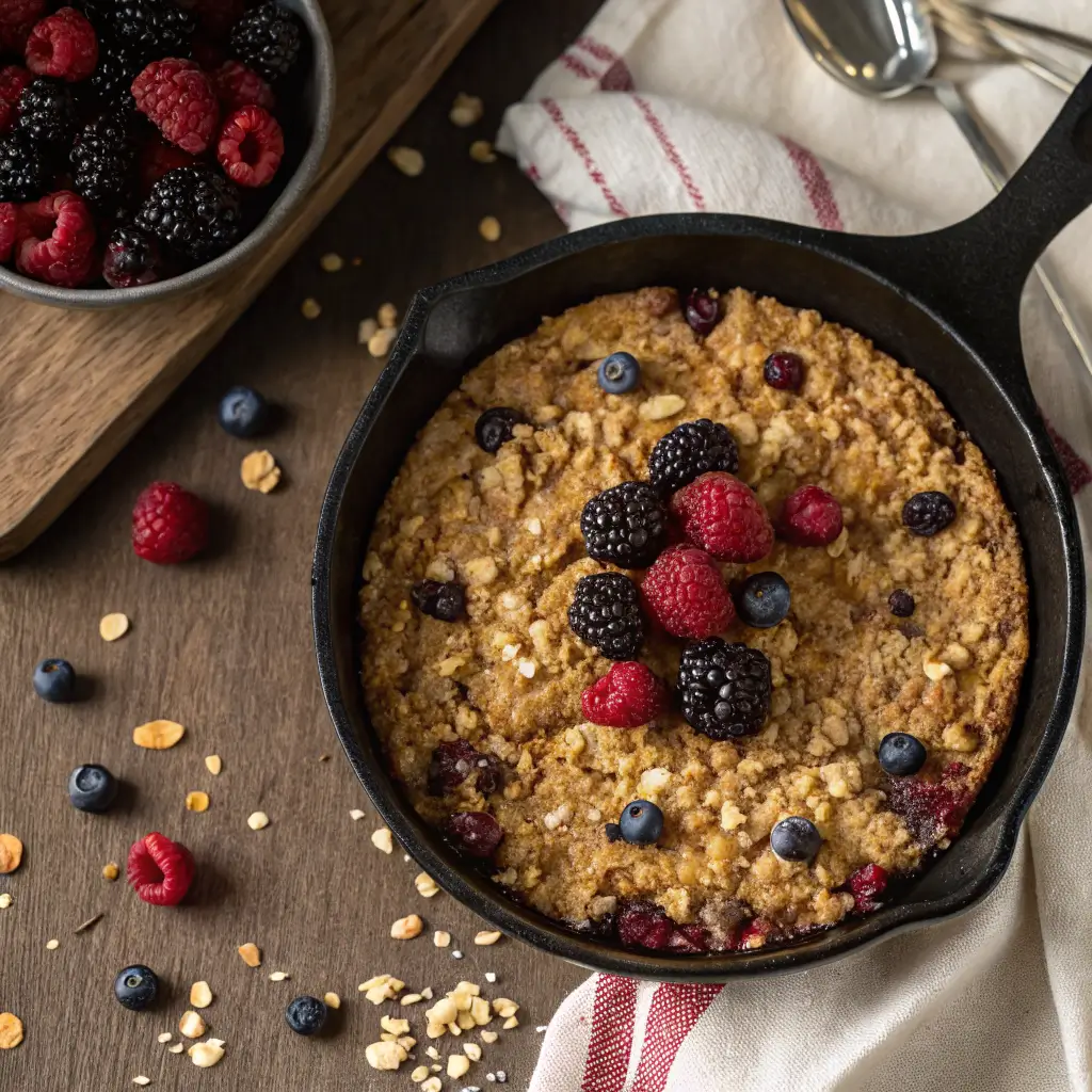 Baked fermented oats with berries in skillet