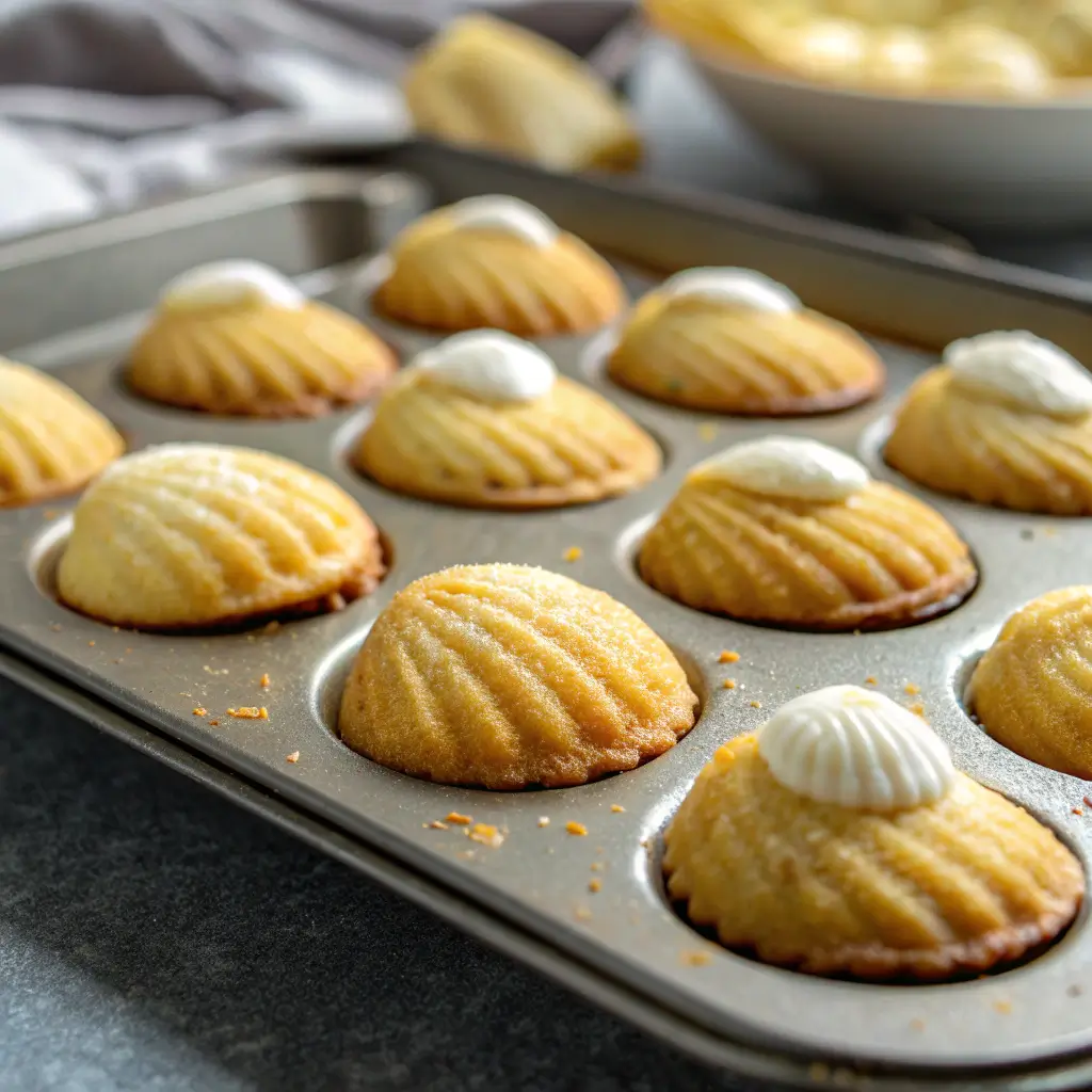 baked madeleine cookies with cream in tray