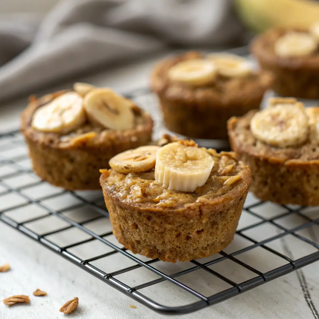 baked peanut butter powder oats cups on cooling rack