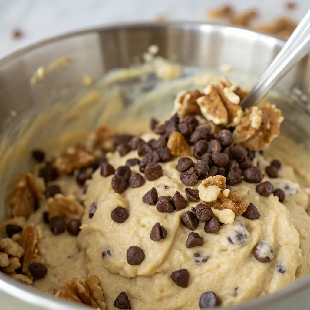 Mixing chocolate chips and nuts into deliciously moist banana bread batter