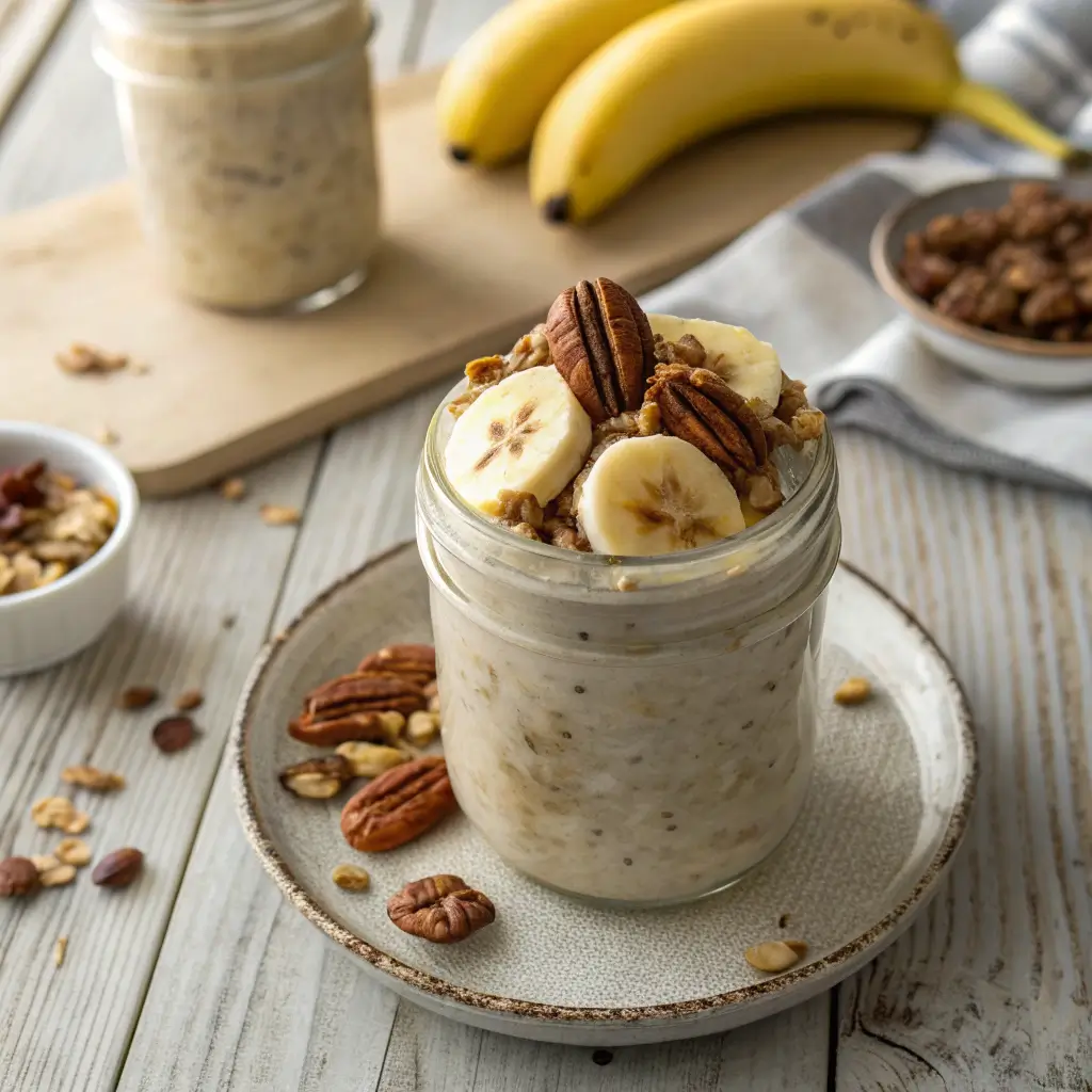 Creamy banana bread overnight oats topped with pecans