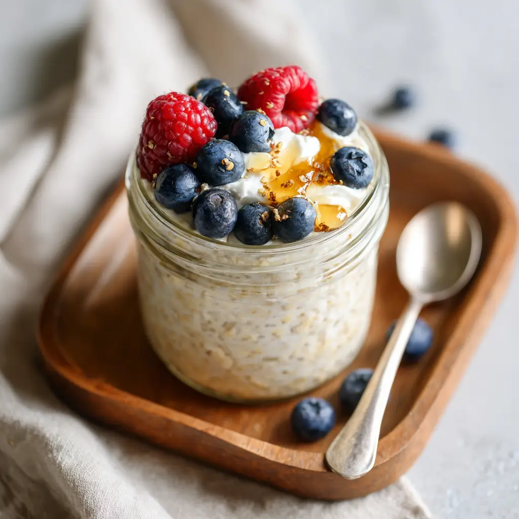 Thick casein yogurt overnight oats topped with berries, Greek yogurt, and honey