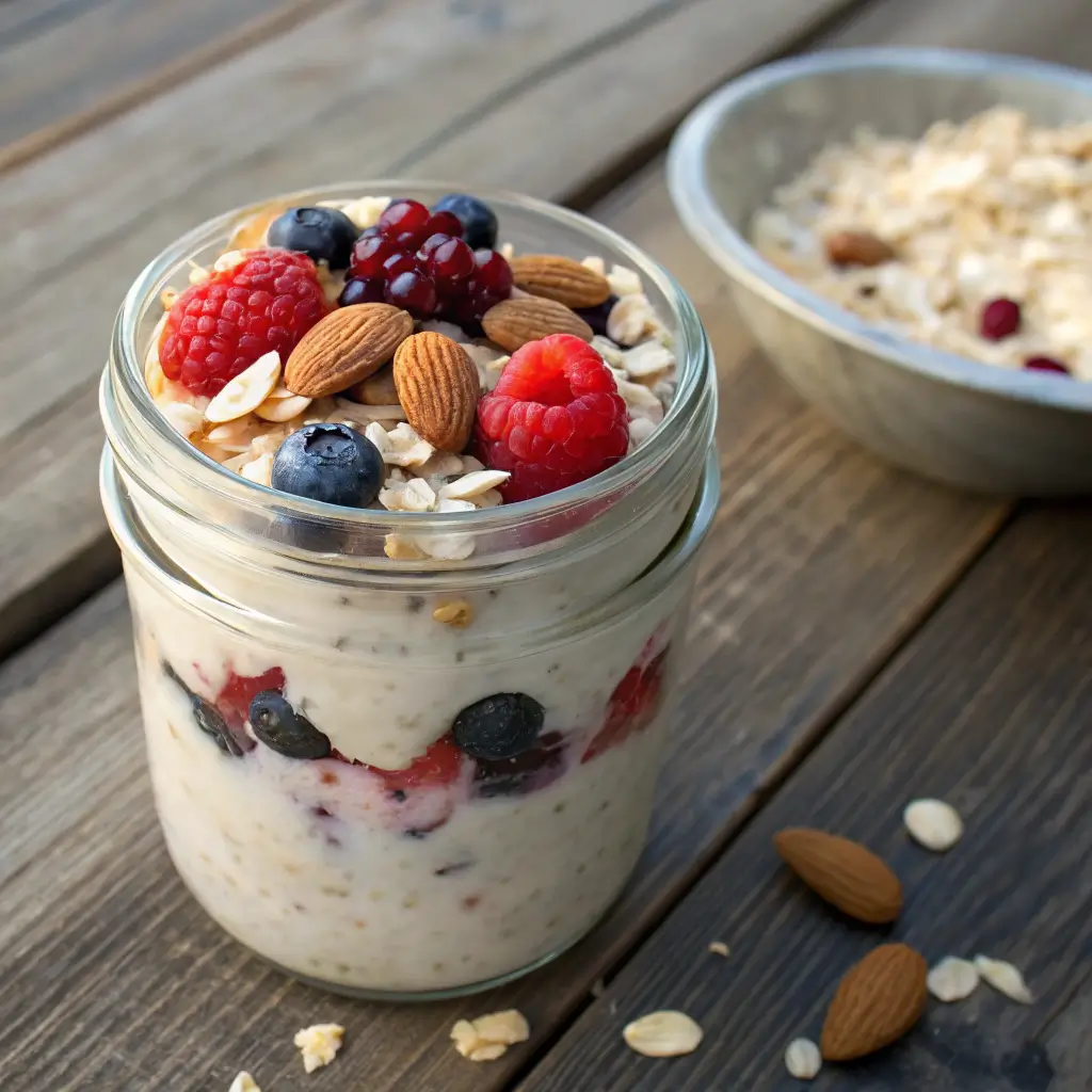 Casein yogurt overnight oats in a jar with toppings