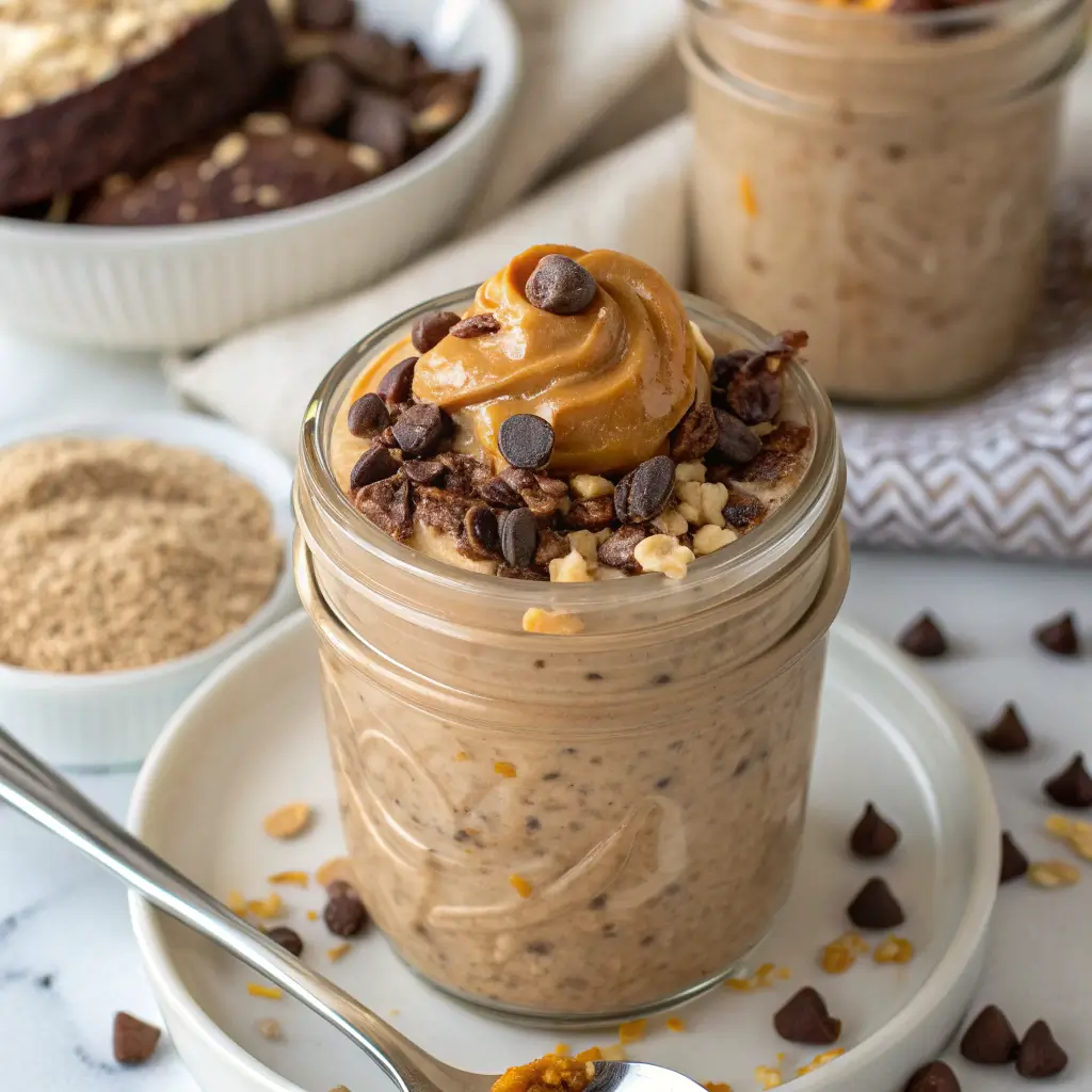 chocolate peanut butter collagen overnight oats in jar