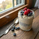 collagen overnight oats with berries in a glass jar