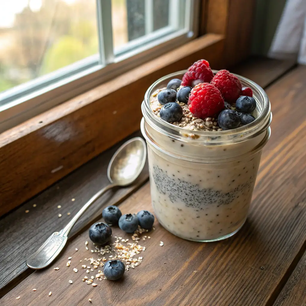 collagen overnight oats with berries in a glass jar