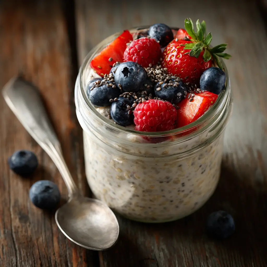 Creamy collagen overnight oats in a jar topped with berries and chia seeds