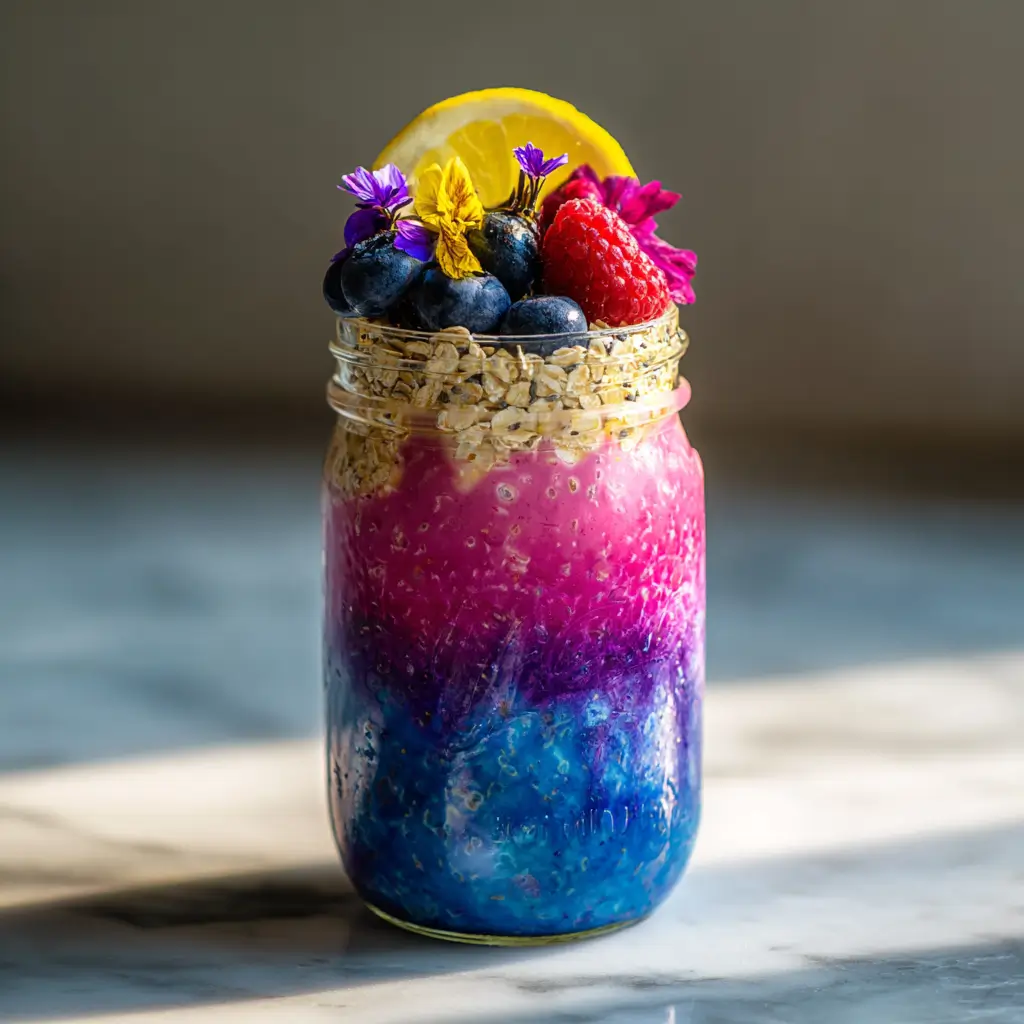 Color-Changing Butterfly Pea Overnight Oats with Purple and Pink Layers