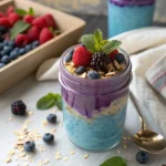 color-changing butterfly pea overnight oats in a jar