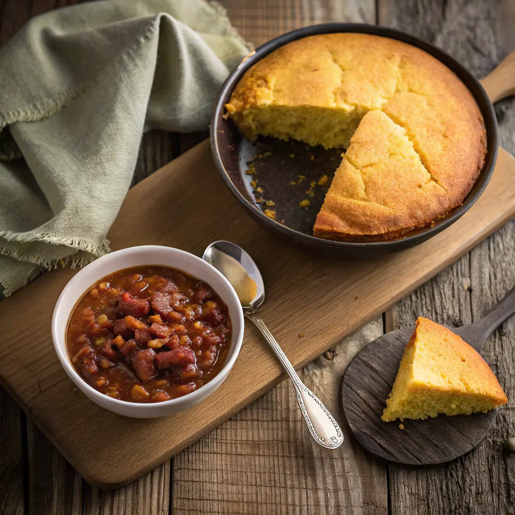 Golden sweet cornbread with chili on rustic table