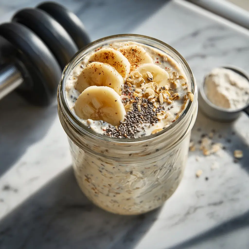 Muscle-building creatine overnight oats with banana, chia, and creatine powder