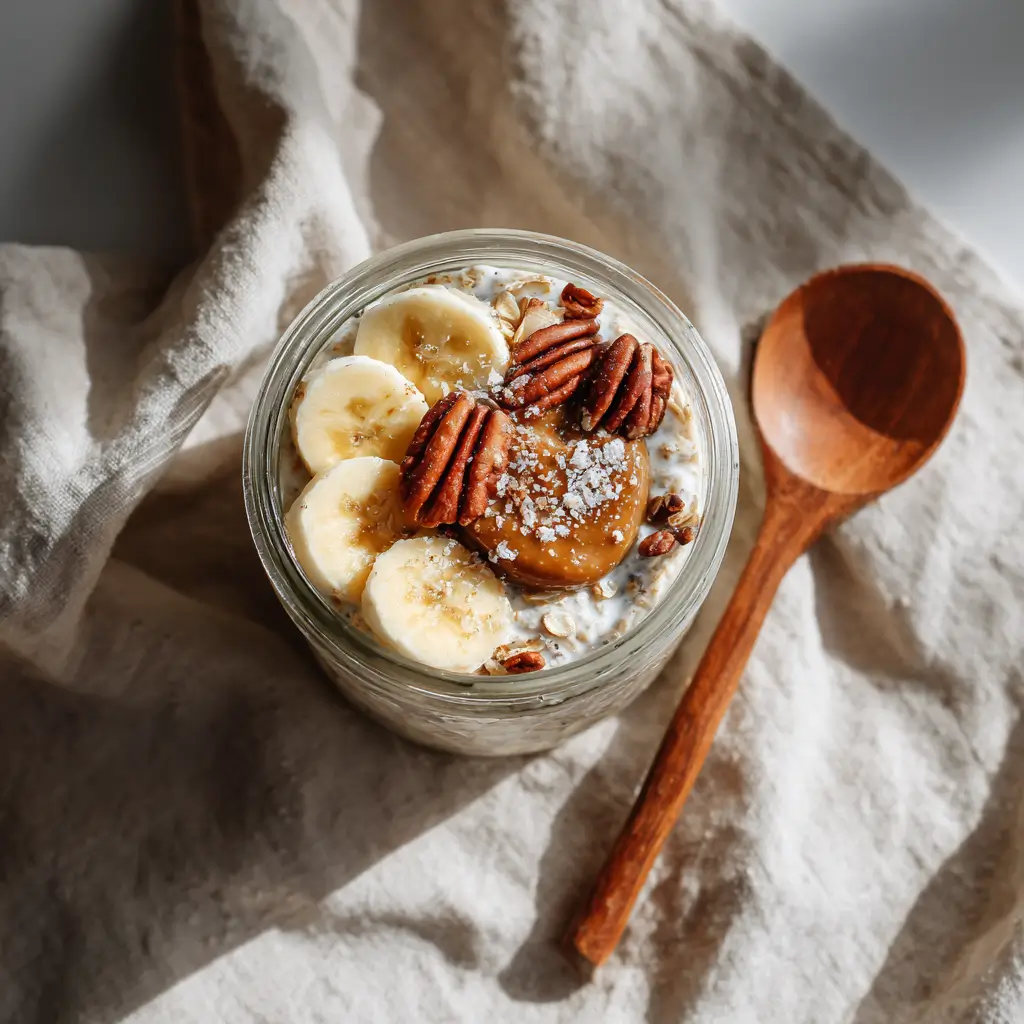 Overnight oats with banana, pecans, peanut butter, and chia jam in a jar