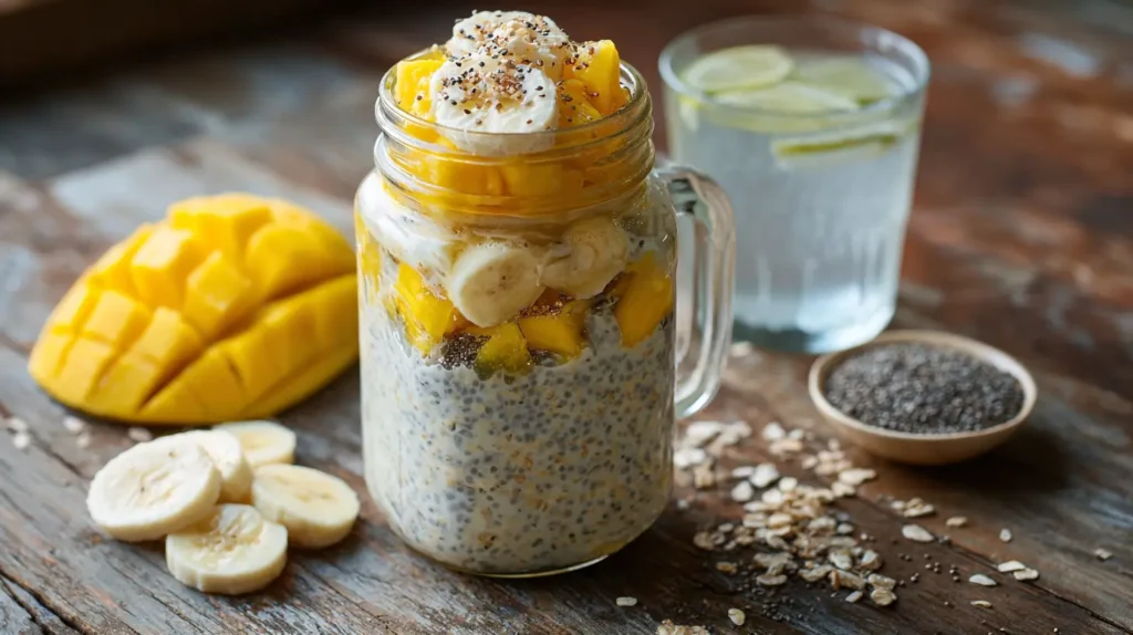 Electrolyte overnight oats in a jar with banana, mango, and chia seeds