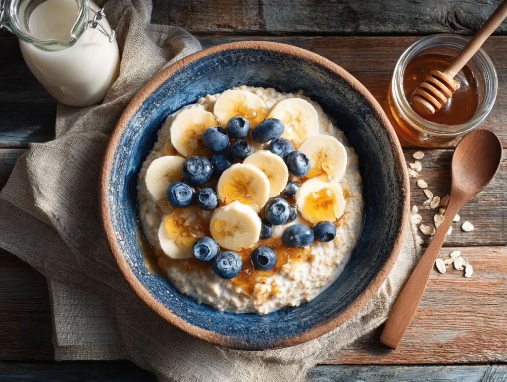 Creamy fermented oats in a rustic bowl topped with bananas, blueberries, and honey