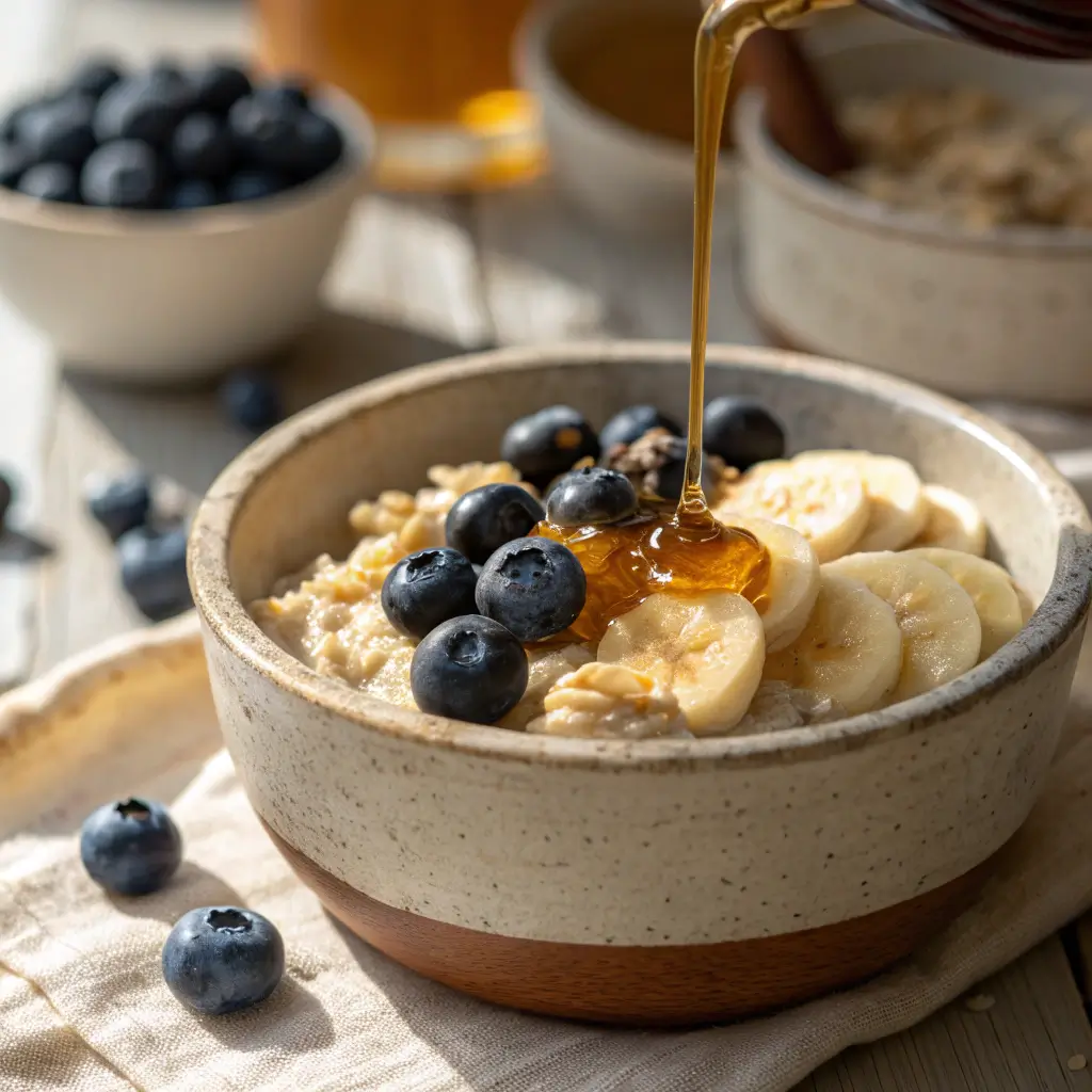 Creamy fermented oats topped with banana and blueberries in a rustic bowl