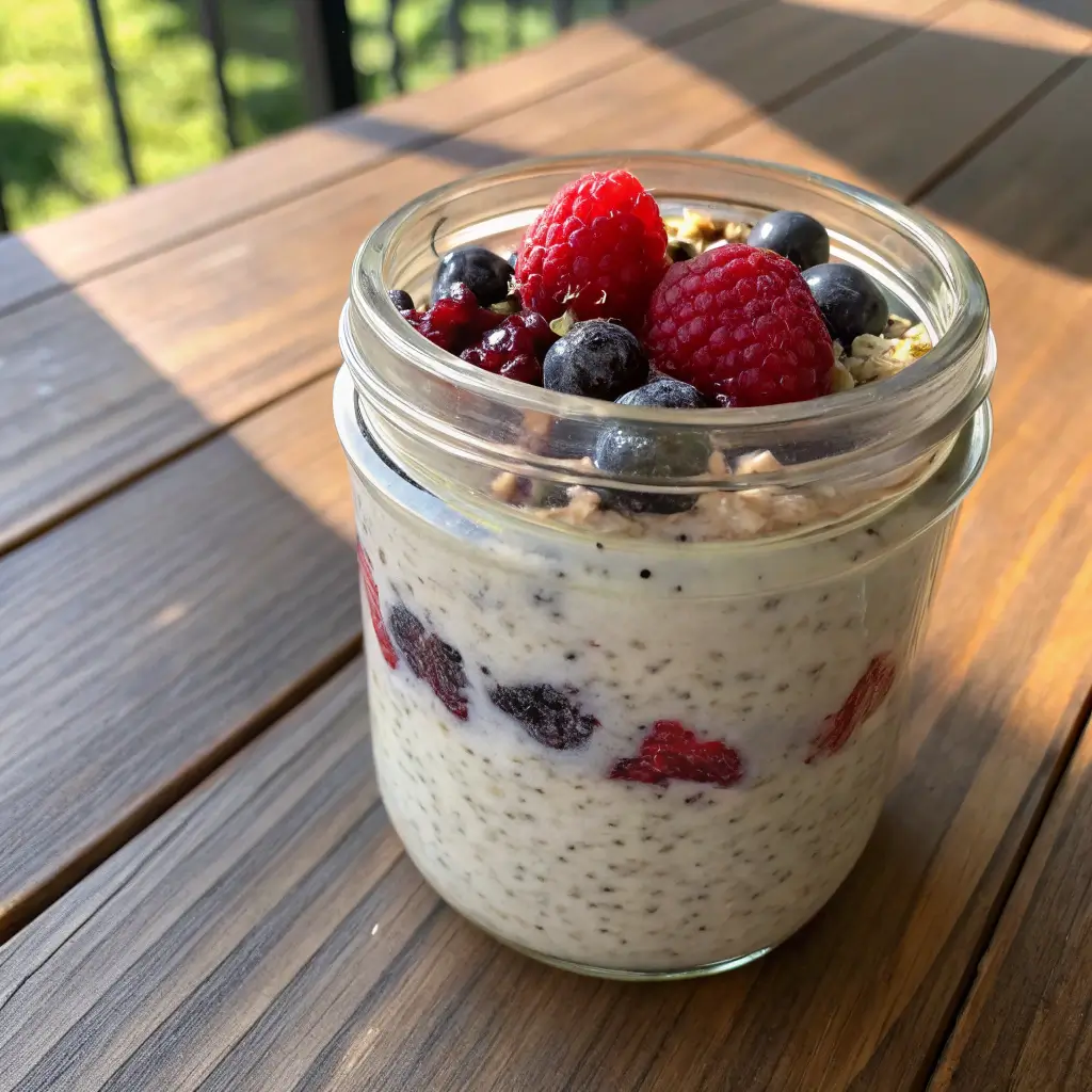 Gelatin protein overnight oats in a glass jar with berries