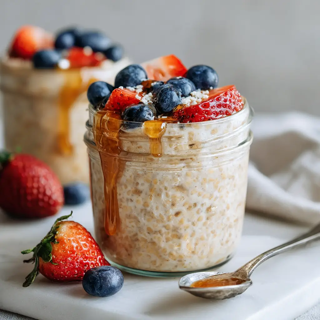Gelatin protein overnight oats in a jar topped with berries and honey