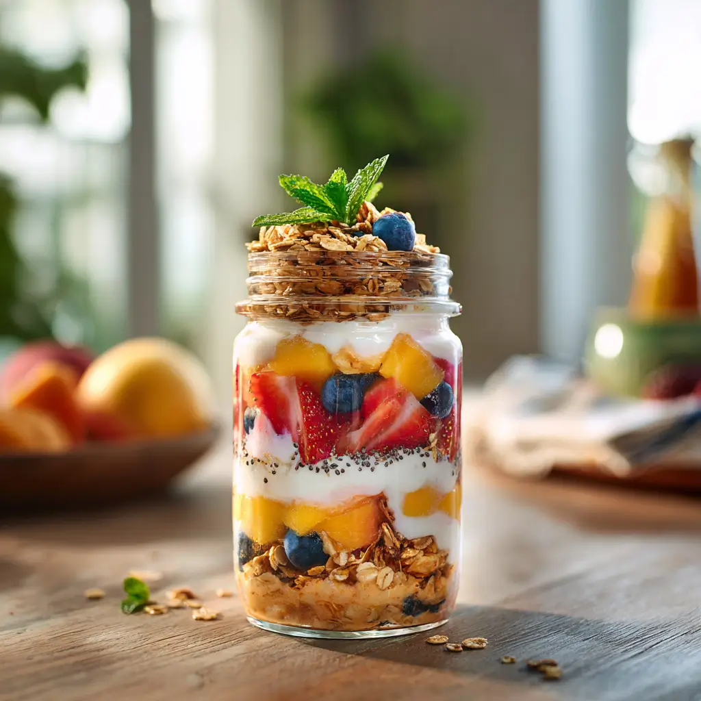 Gelified oat parfait with oats, yogurt, berries, and chia seeds in a glass jar