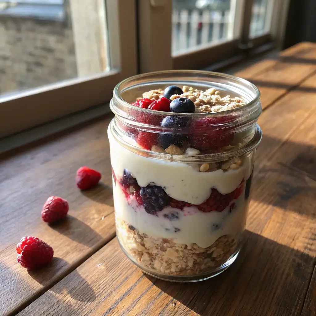gelified oat parfait with creamy oats, berries, and yogurt layers