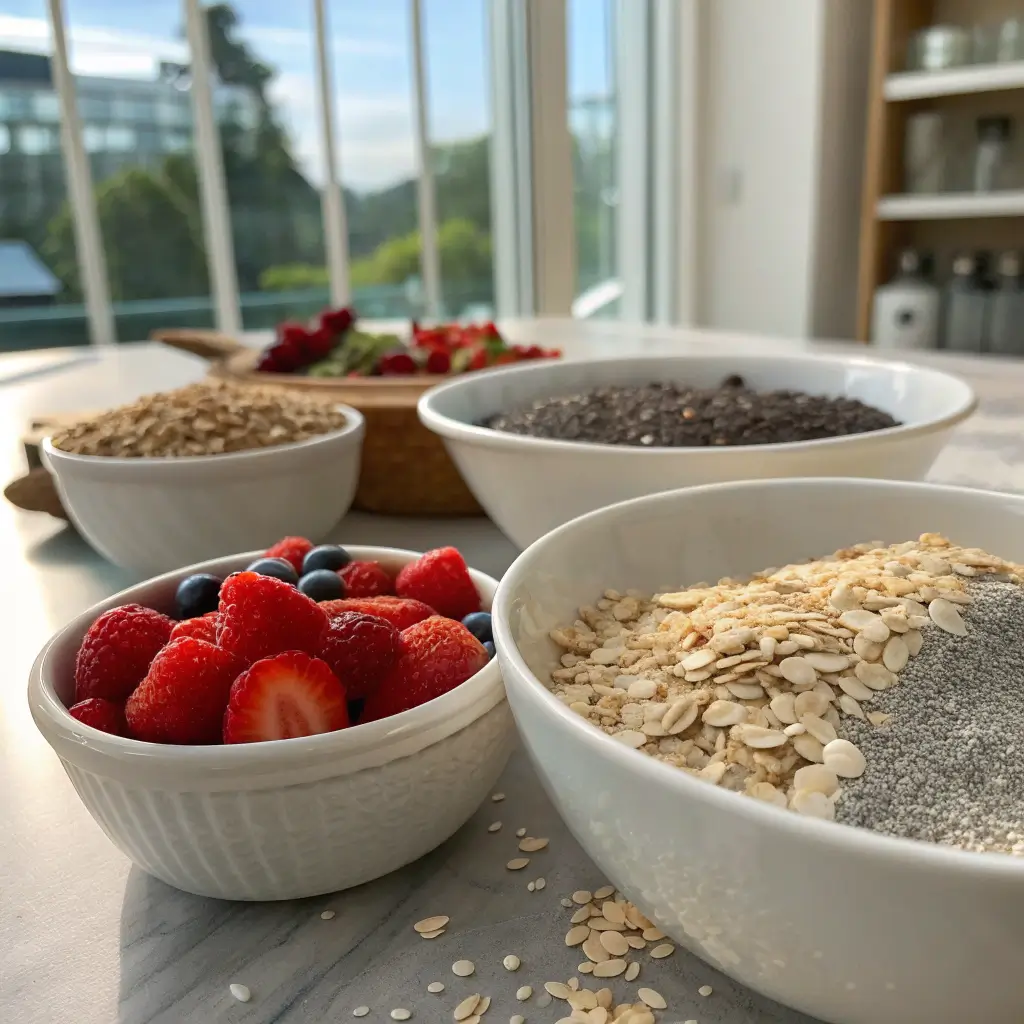 gelified oat parfait ingredients including oats, chia seeds, and agar-agar