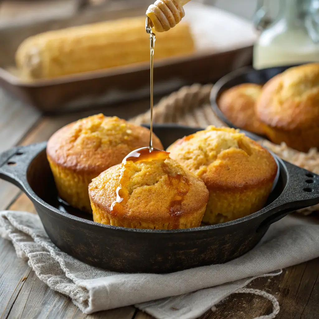 Golden sweet cornbread muffins in skillet with honey drizzle