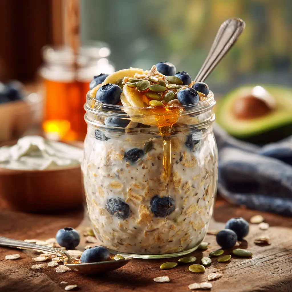 Gut brain overnight oats with banana, blueberries, and seeds in a glass jar on a wooden table