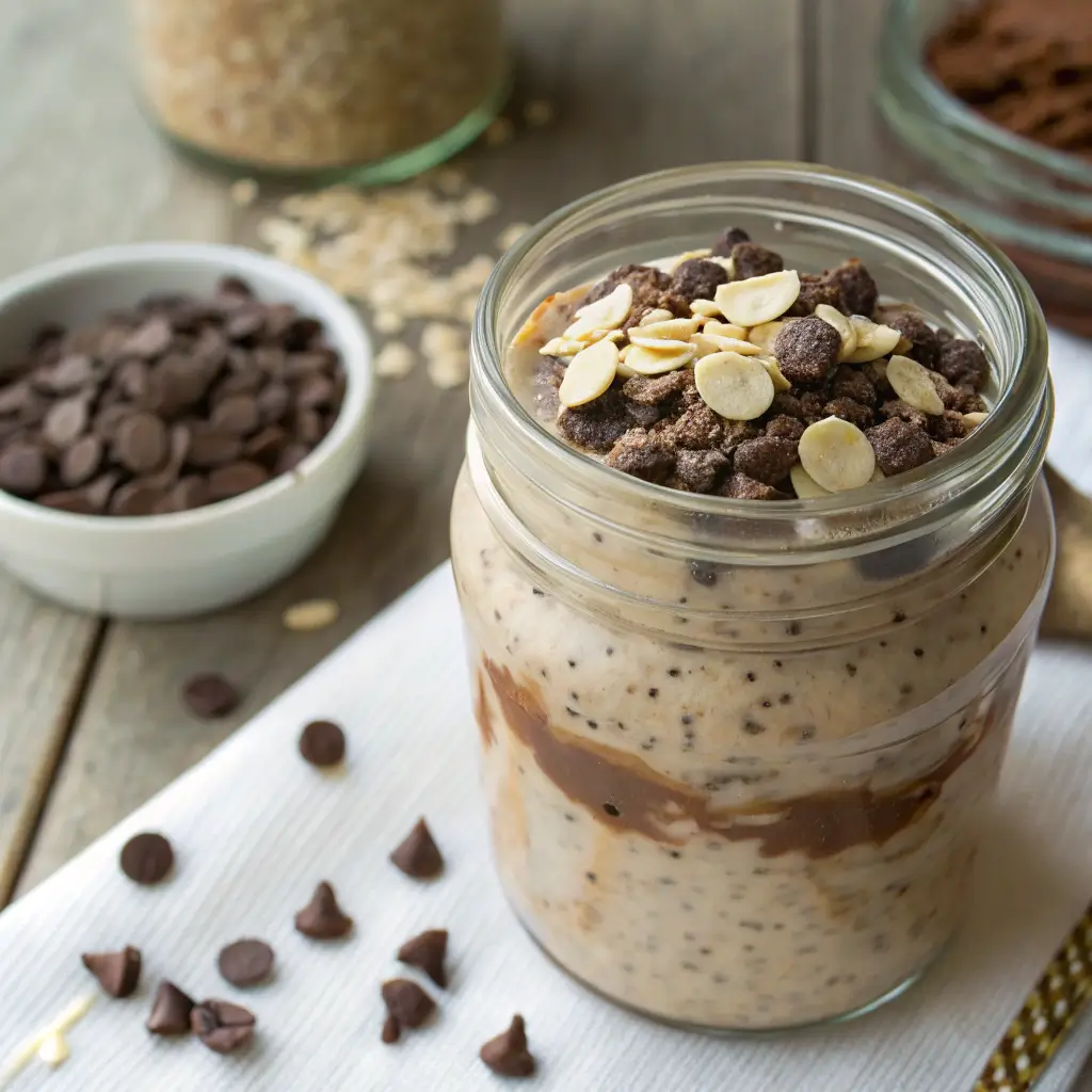 Mason jar of healthy chocolate overnight oats with chocolate chips