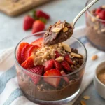 Spoonful of healthy chocolate overnight oats with strawberries
