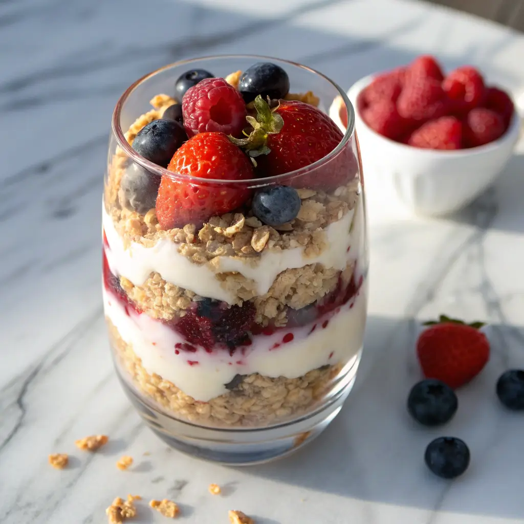 layered healthy dessert oats parfait with yogurt and berries