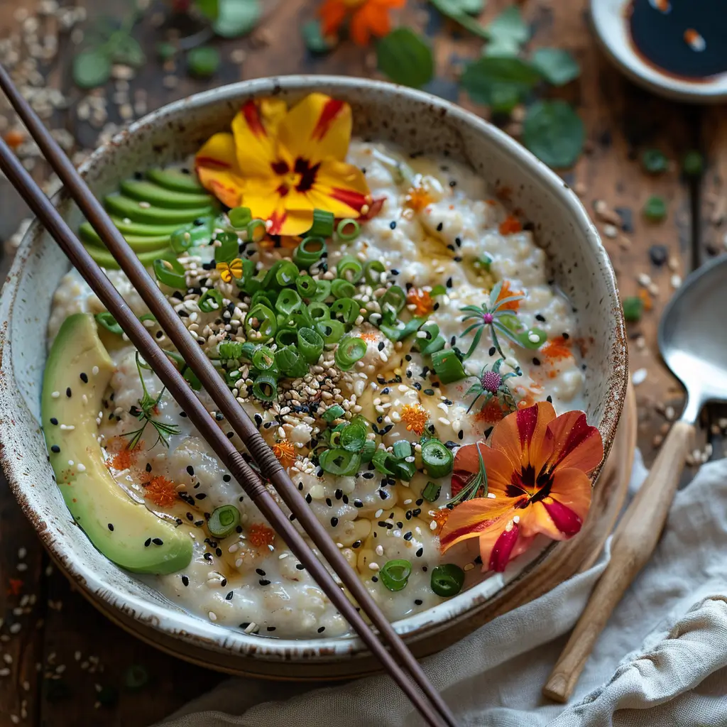High protein experimental overnight oats served with chopsticks, soy sauce, and knife on rustic table