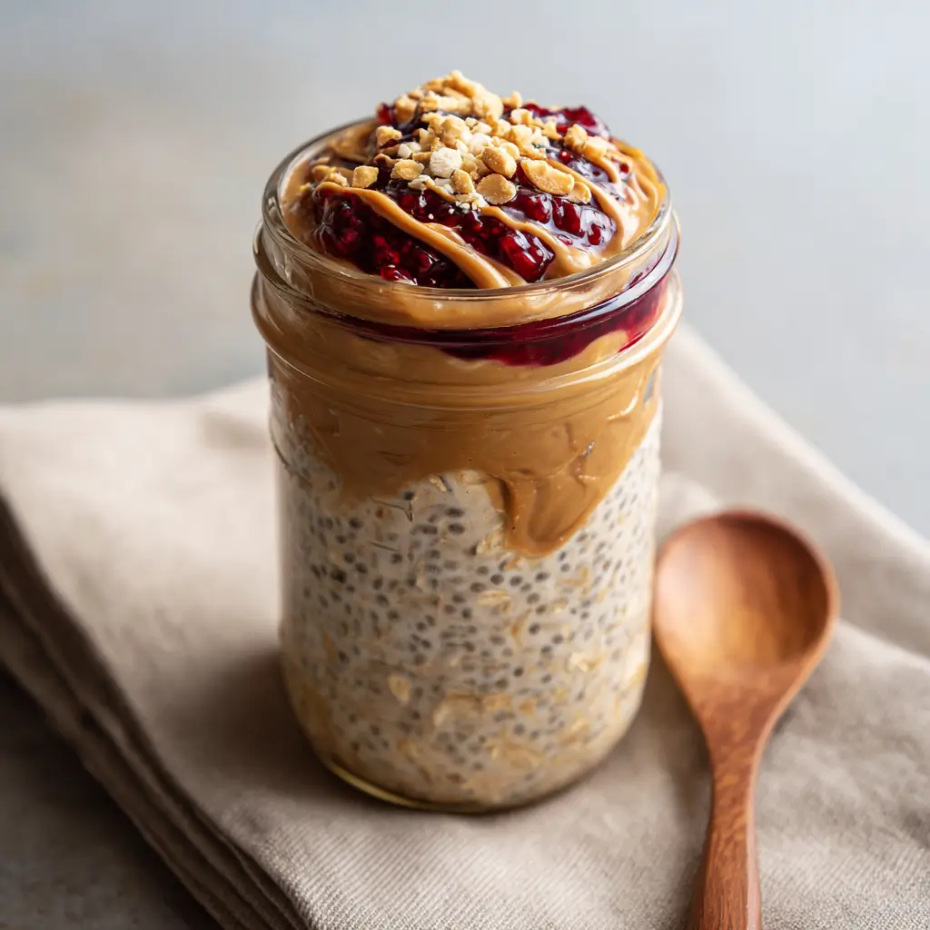 High protein overnight oats with yogurt, protein powder, peanut butter, and chia seeds