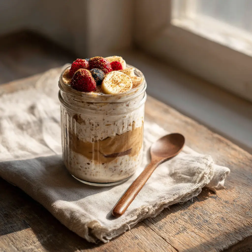 Final jar of high protein overnight oats without powder, topped with berries and peanut butter