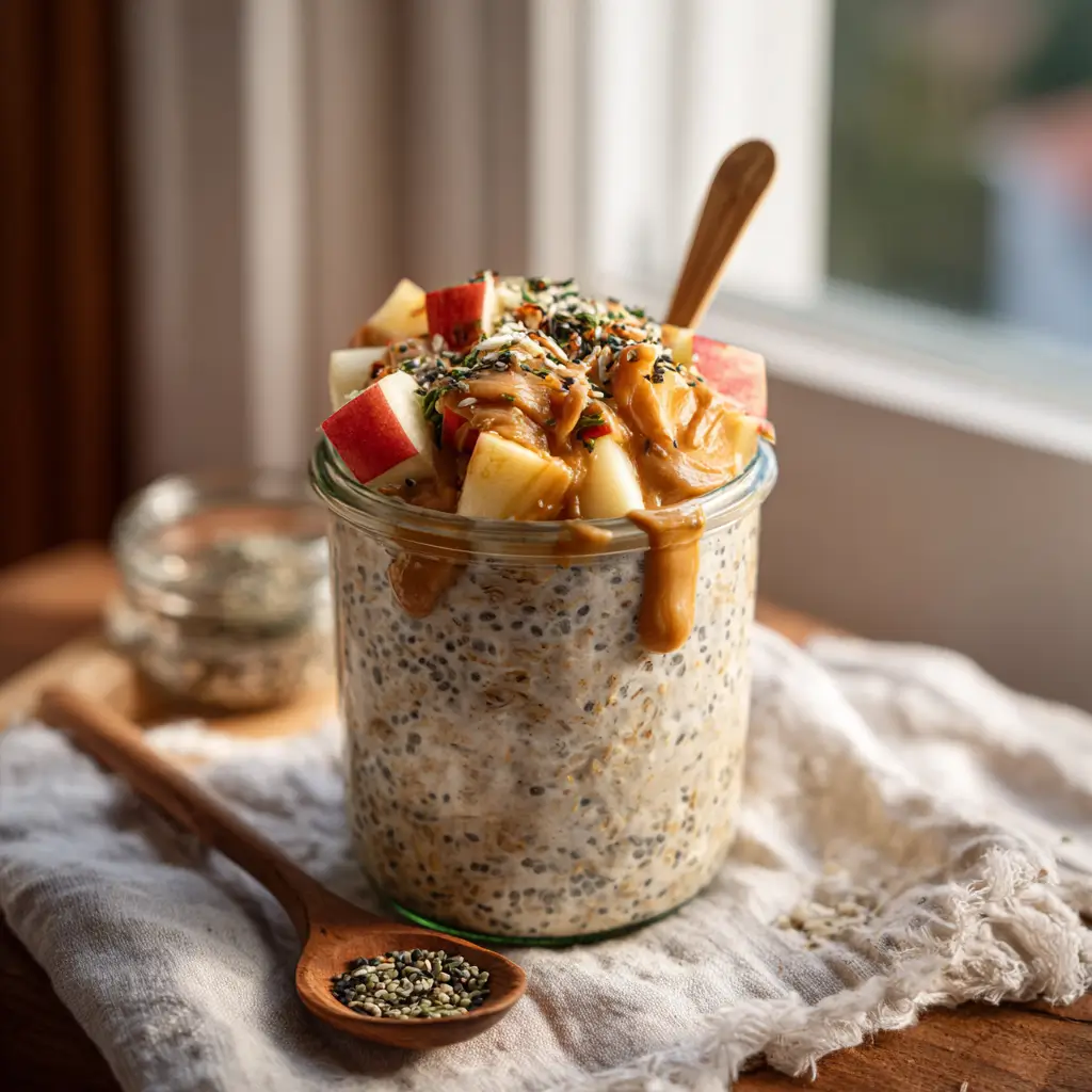 Final jar of high protein vegan overnight oats with apple and chia toppings