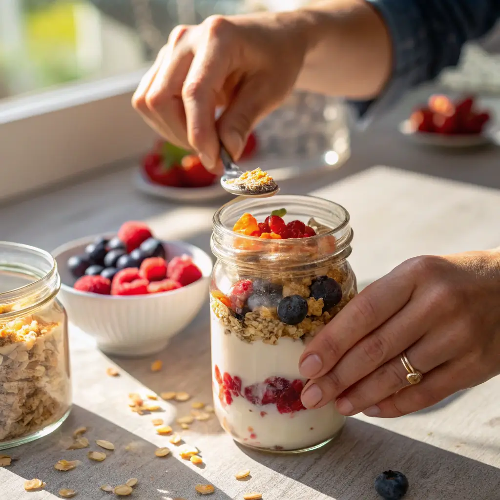 layering gelified oat parfait with oats, fruit, and yogurt in a jar