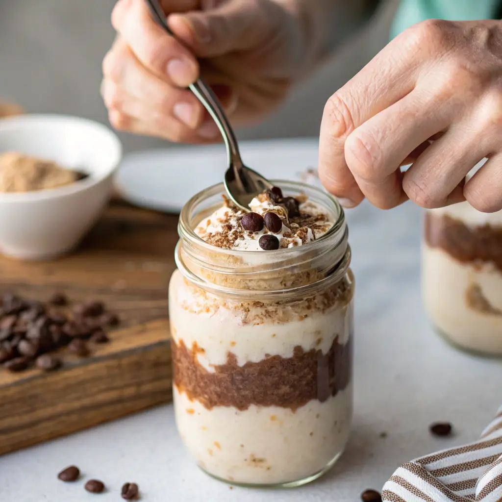 Layering tiramisu overnight oats into a glass jar