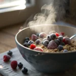 Liquid nitrogen oats breakfast with frozen berries