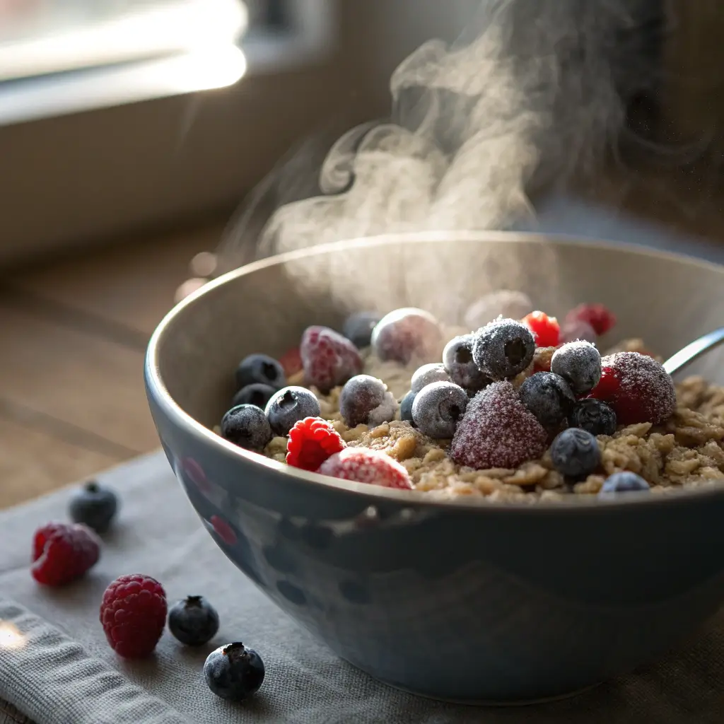 Liquid nitrogen oats breakfast with frozen berries